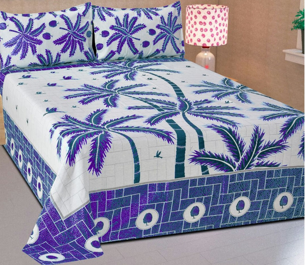 Prestige of Palm Trees Reversible Cotton Bedsheet - Royal Blue