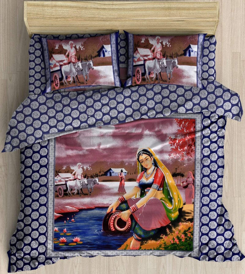 Explore The Village Night Time - Jaipuri Theme - 100% Pure Cotton Bedsheet
