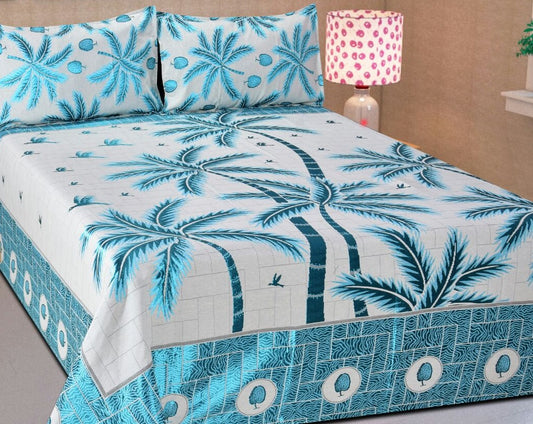 Prestige of Palm Trees Reversible Cotton Bedsheet - Cadet Blue